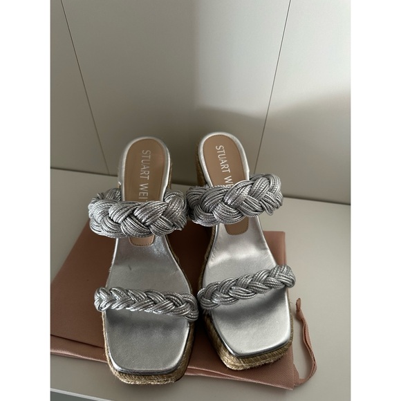 STUART WEITZMAN BRAIDA ESPADRILLE SLIDE SANDALS LIQUID METALLIC SILVER NIB 7.5 - Picture 3 of 11